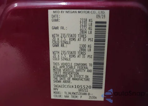 2020 Nissan Murano Sl Fwd z USA, uszkodzony, nr VIN 5N1AZ2CJ5LN105520